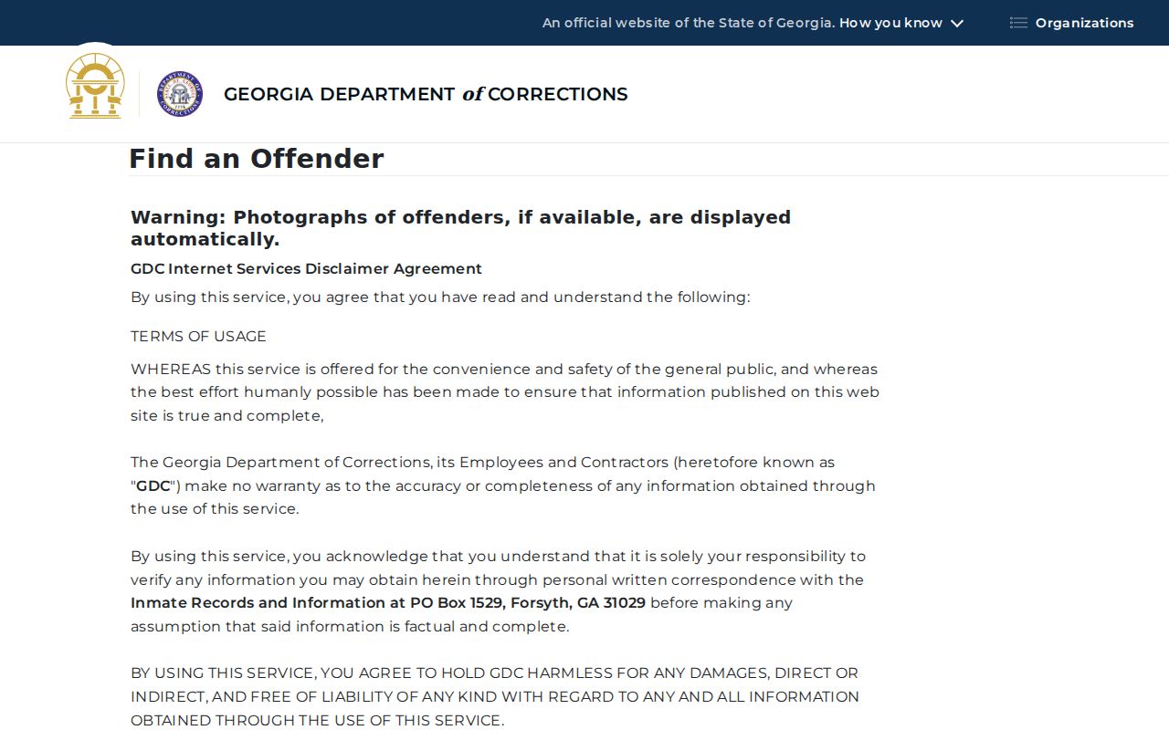 Georgia Department of Corrections official offender search fields