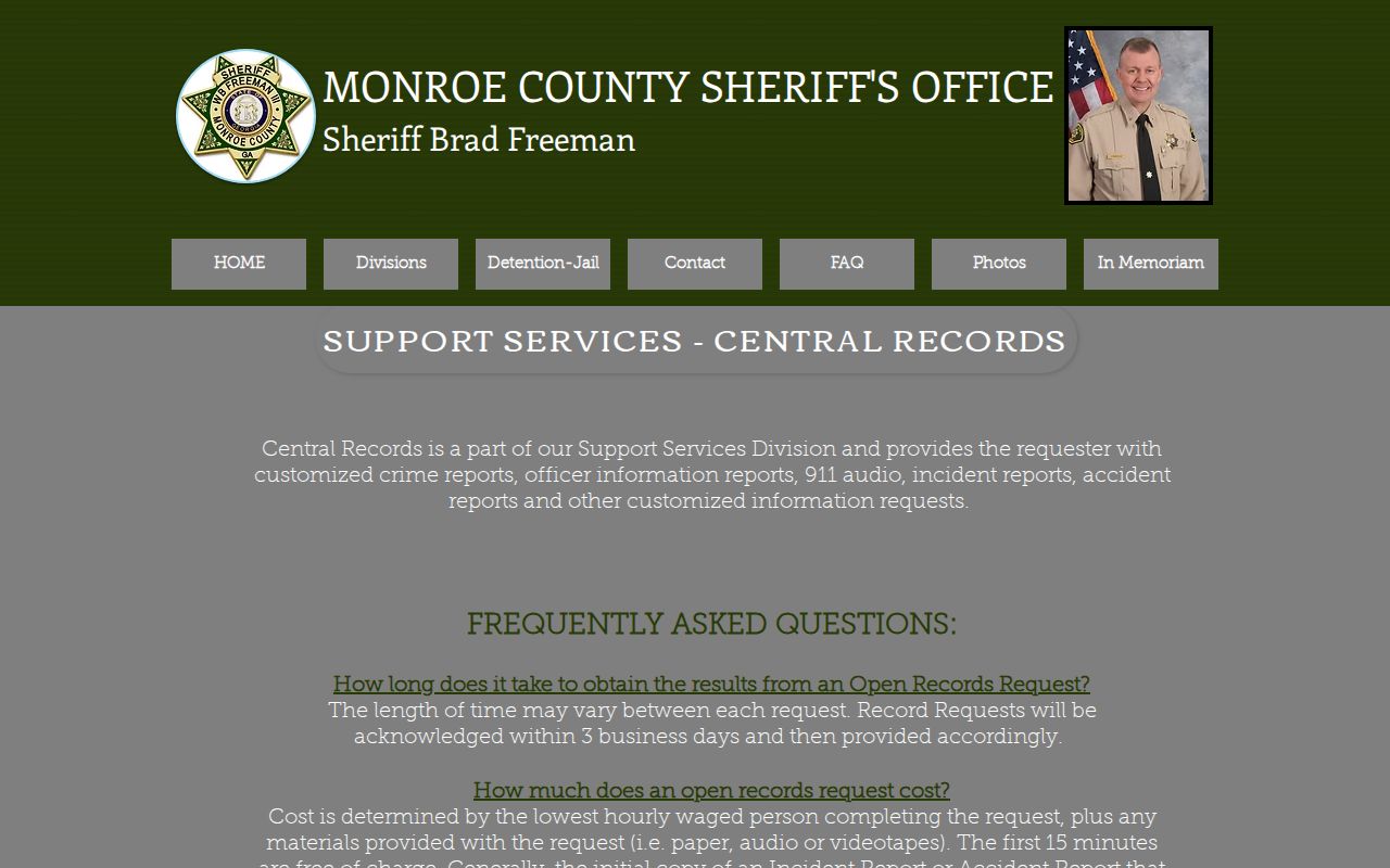 Monroe County Sheriff Central Records official request page