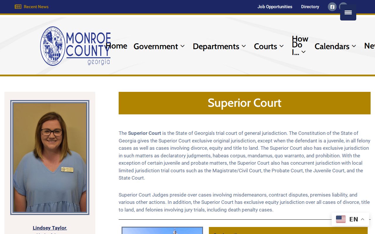 Monroe County Superior Court official clerk and jurisdiction page